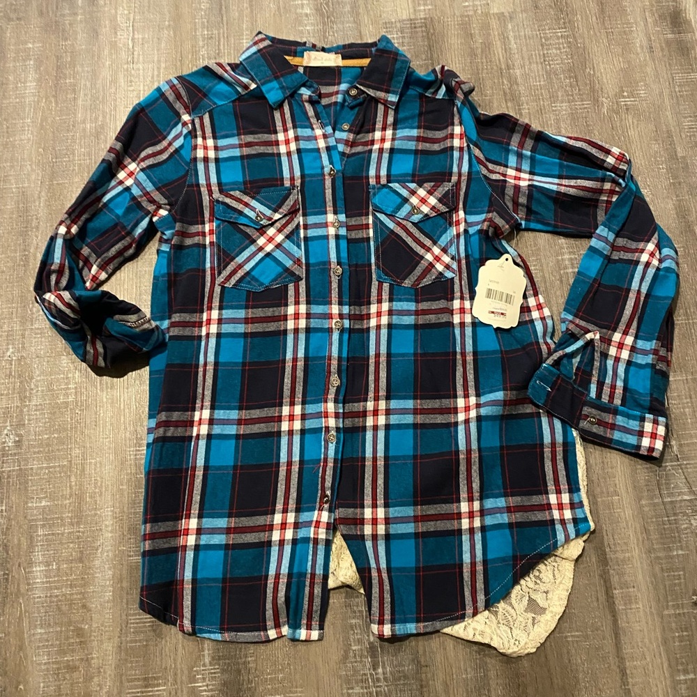 Altar'd State Blue & Navy Plaid Button-Down Shirt - Picture 1 of 5